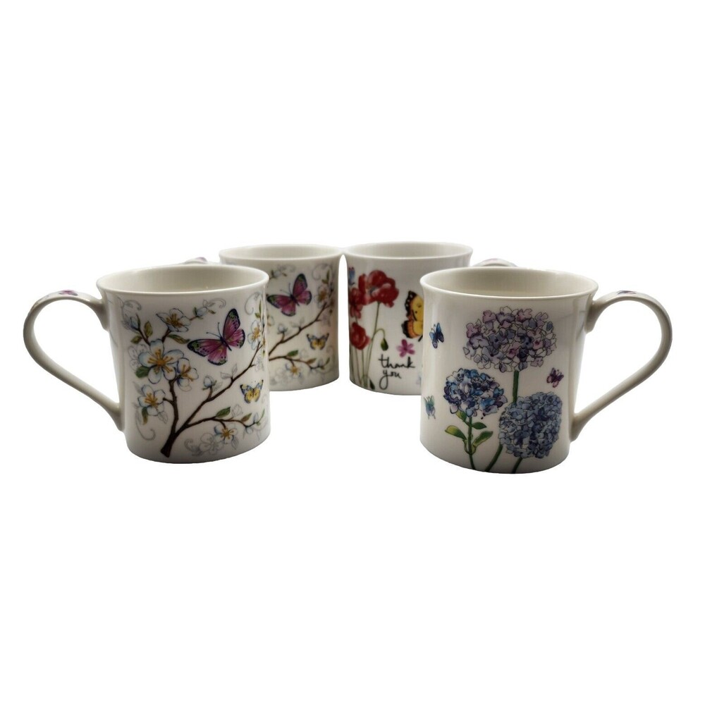 Lot Of 4 Burton + Burton China Mugs, Flowers and Butterflies, Thank You